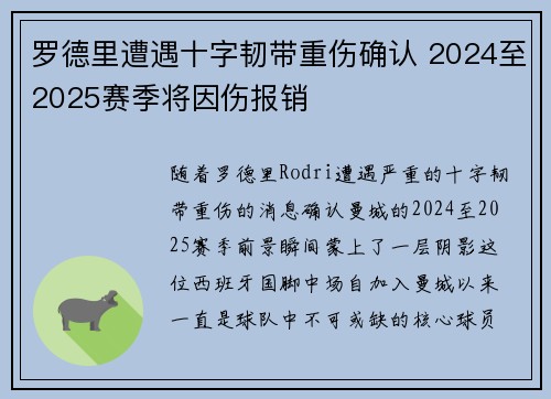 罗德里遭遇十字韧带重伤确认 2024至2025赛季将因伤报销