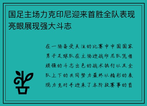 国足主场力克印尼迎来首胜全队表现亮眼展现强大斗志