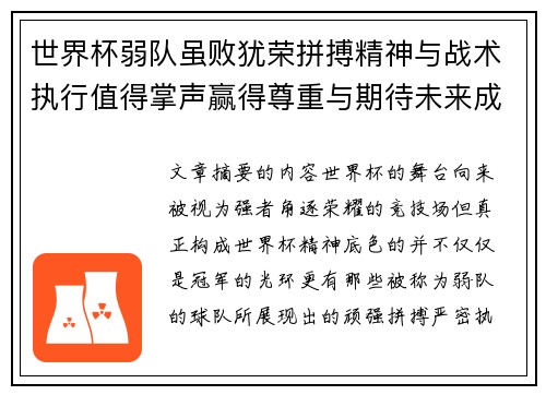 世界杯弱队虽败犹荣拼搏精神与战术执行值得掌声赢得尊重与期待未来成长